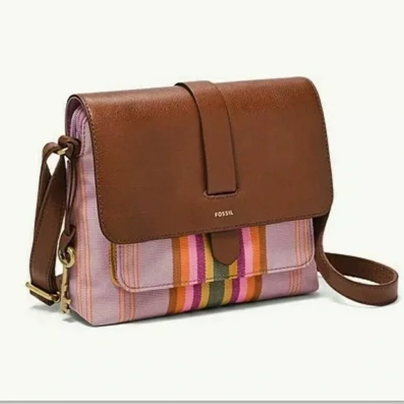 Fossil Leather & Stripe Canvas Crossbody Bag Brown Multicolor