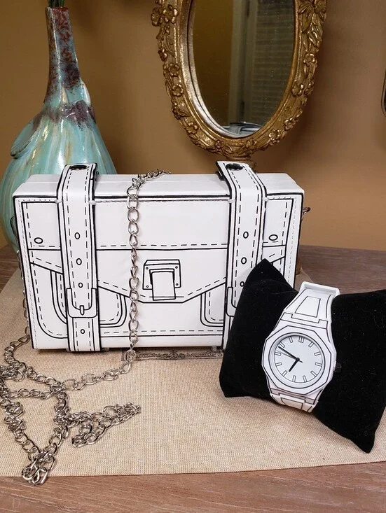 White Cartoon-Style Clutch / Crossbody Bag w/ Chain Strap & Matching Watch NWT!