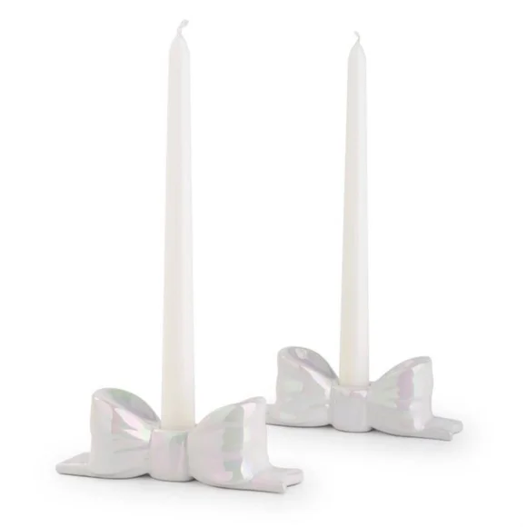 2 Elegant White Bow Candle Holders