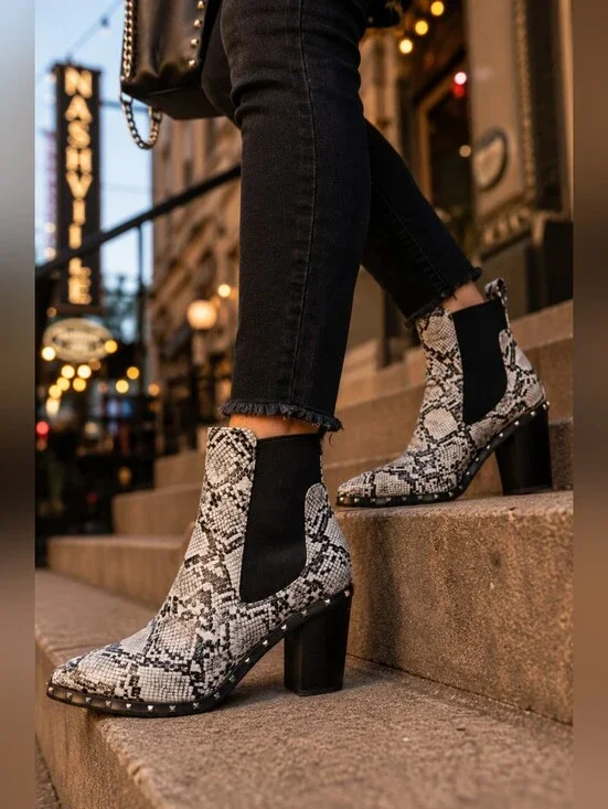 Katlui Snake Print Studded Chelsea Ankle Boots Size 40 Block Heel