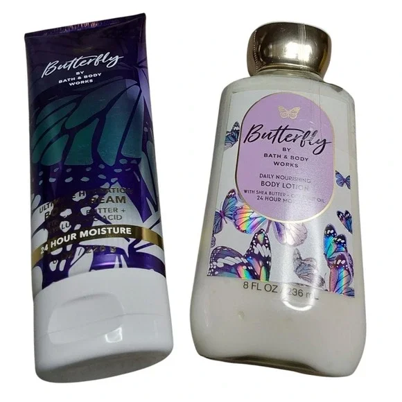 Bath & Body Works Butterfly Body Lotion & Cream Set Raspberry Nectar Iris Petals