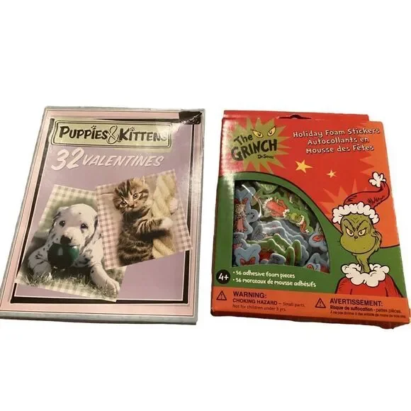Lot Of 2 Puppies & Kittens Valentine's Day Cards School Grinch Foam Stickers San
