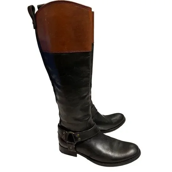 Frye Brown Leather Harness Zip Knee High Boots Womens Size 6 B Style 76928