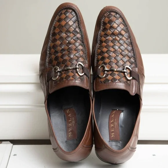 Mezlan Designer Dress Shoes Sz 13 Brown Woven Leather Bit Loafers $475 Luxury