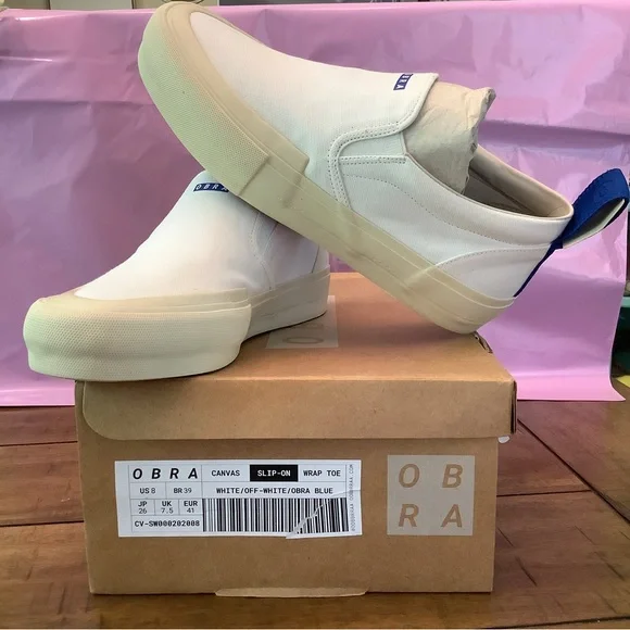 NIB OBRA Unisex Off-White Canvas Slip-On Shoes Made in Brazil Men’s 8-Wms 9.5