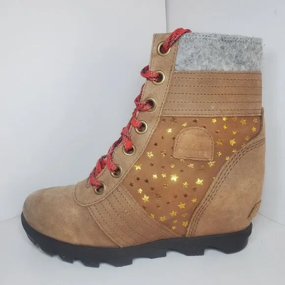 Sorel Lexie Wedge Boots Women's Size 4 Brown Suede Stars Waterproof Winter Snow