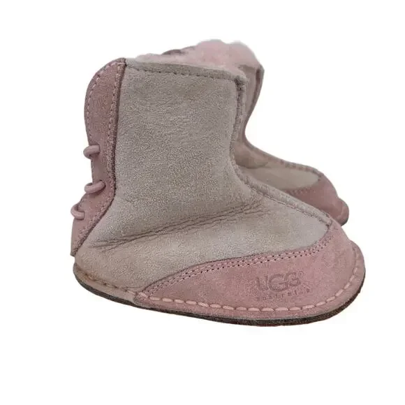 UGG Boo Boot Infant Size S Pink Cream Leather Sheepskin Lined Pull On Bootie