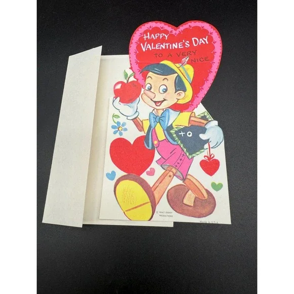 Vintage Walt Disney Valentine‎ Card Pinocchio Apple Book Theme 1960s w Envelope