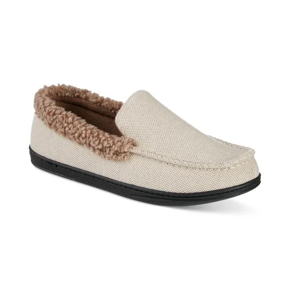 Isotoner Mens Brushed Knit or Plaid Lewis Moccasin Slipper Stone XL 11-12‎