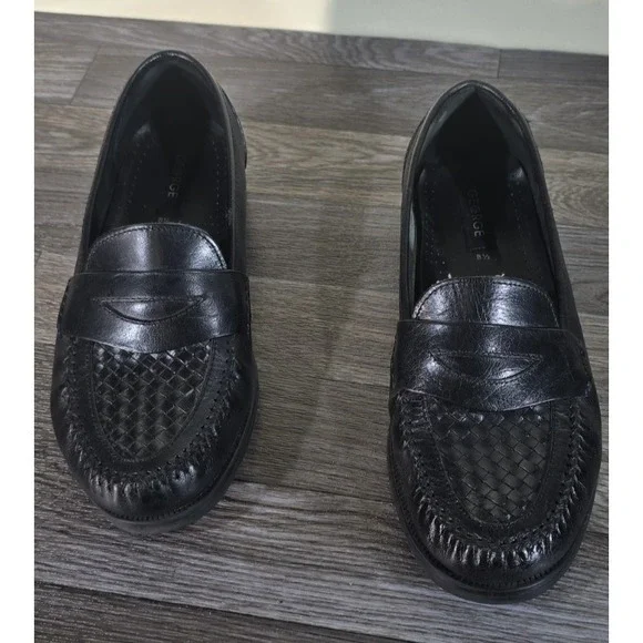 George‎ Men's Leather Slip-On Loafers US 8.5W Black Penny Loafer Woven Toe