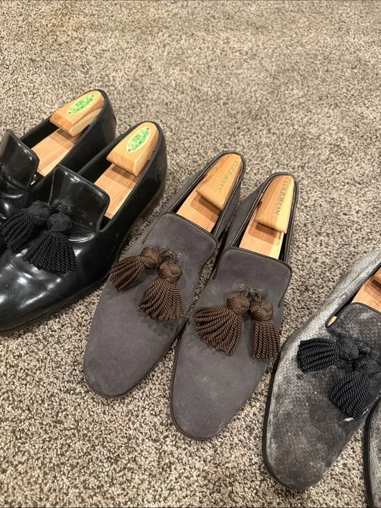Jimmy Choo Gray Suede Tassel Loafers with Brown Tassels
