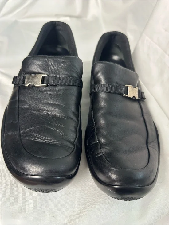 Prada Mens Black Leather Slip On Shoes Buckle Strap Size 6 EU 39 Italy
