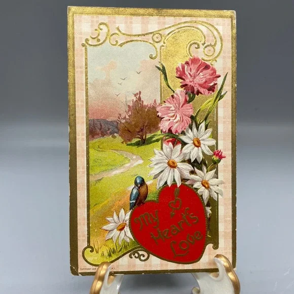 Antique 1910 Valentine Postcard My Heart's Love Bluebird Flowers Embossed Gold