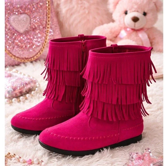 Fuchsia Pink Suede Fringe Moccasin Boots Youth Girls SZ 4 Side‎ Zip Tassel NEW