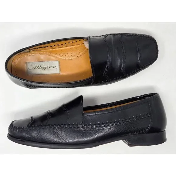 MEZLAN BLACK DEERSKIN LEATHER EMBELLISHED MOC TOE LOAFER MENS SIZE 9.5 M