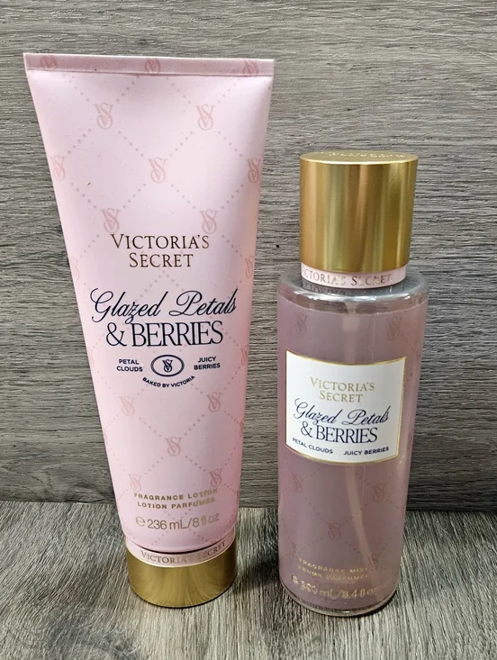 Victoria's Secret Glazed Petals & Berries Fragrance SET 8.4&8oz NEW BAKED BY VS