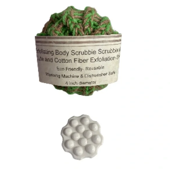 Triple Milled Soap with Face and Body Wash Tan Neon Apple Green Scrubbies Set