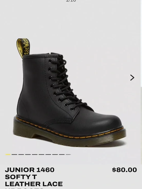 Dr. Martens Kids Black Leather 8-Eye Lace-Up Boot with Yellow Stitching