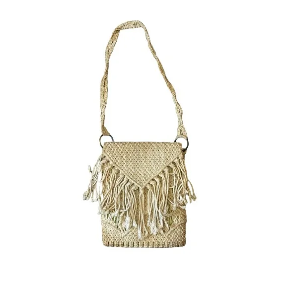 Vintage Macrame Fringe Crossbody Bag Cream Boho Woven Festival Purse Small