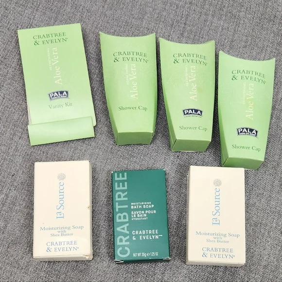 Crabtree and Evelyn La Source & Other Travel Soap and Shower Cap Lot.