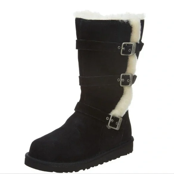UGG Black Suede Boots with Buckle Accents