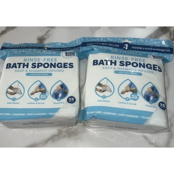 2 Scrubzz Rinse-Free Bath Sponges Soap Shampoo Infused Camping‎ Post Surgery