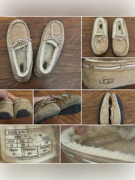 Men’s UGG Dakota Moccasin Slippers Size 12 Tan Suede Shearling Lined Loafers