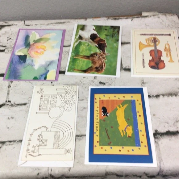 Greeting Note Cards Lot Of 5 All Different Play Time Animals Envelopes‎ Blank