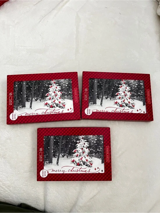 Lot of 3 Christmas Box Cards 16 Cards Each “Merry Christmas” Tree and Snow Print