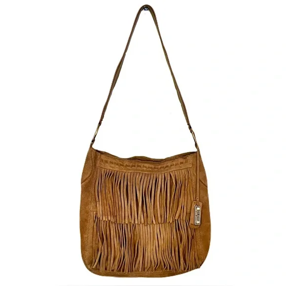 Vintage Y2K 90s Guess Tan Suede Fringe Western Bohemian Hobo Bag