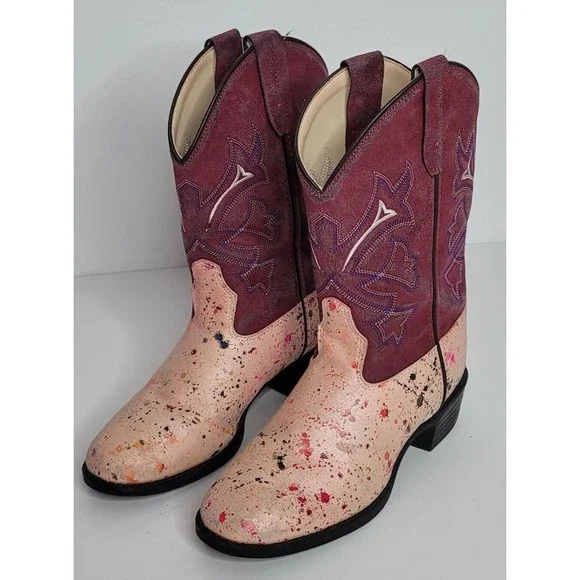 Old West Kids Girls Cowboy Boots Size 2.0 D‎ VR9129 Paint Splatter Pattern Pink