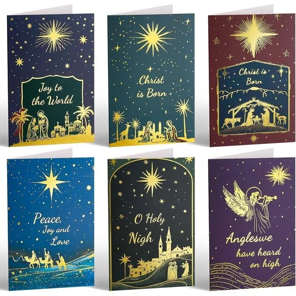 Christmas‎ Cards Nativity Scene Angel Gold Foil Joy to World Peace Love Messages