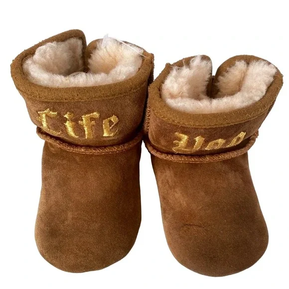 Life Uggs Jeremy Scott embroidery gold metallic suede baby boots 6/12‎ mo