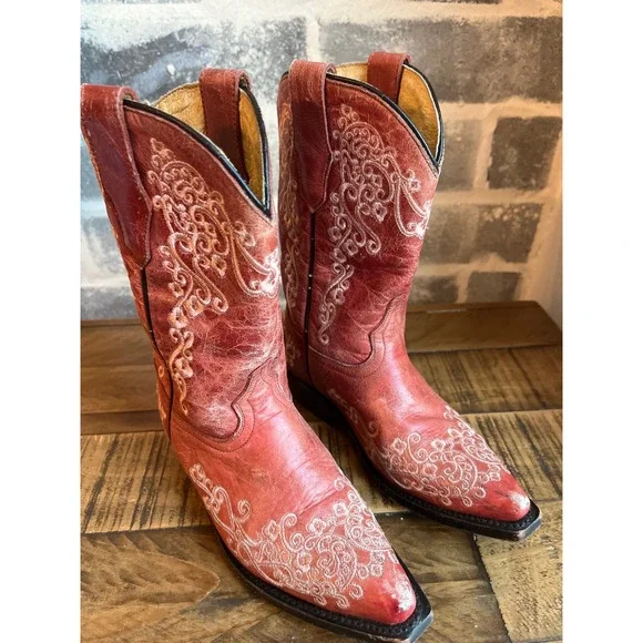Corral‎ Boots Kids Red Leather Embroidered Western Cowboy Boots Size 12K