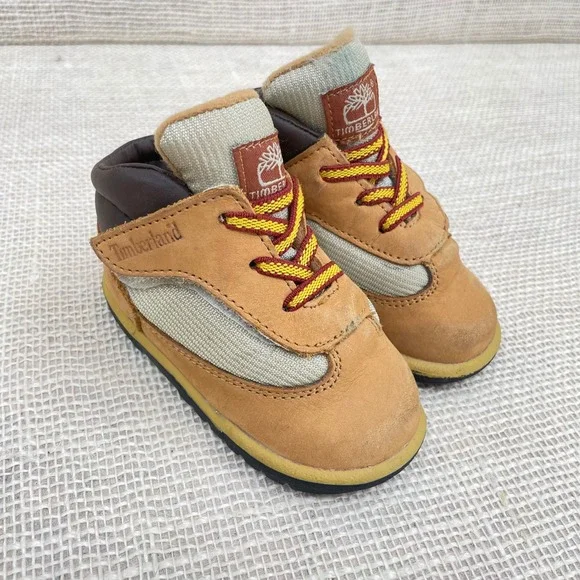 Timberland Infant Baby Boots Tan‎ Leather Lace Up Hook and Loop Sz 4