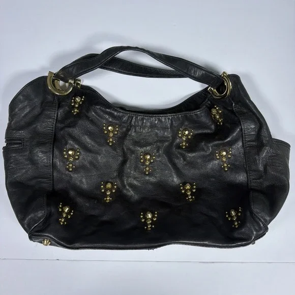 Vintage Y2K Juicy Couture Black Leather Hand Bag Purse Studded Key Hobo