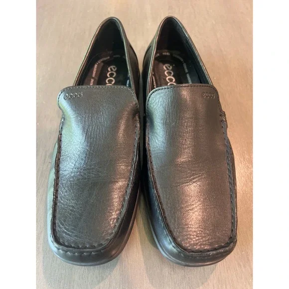 ECCO Mens Black Leather Loafers Handsewn Moc Toe Extra Width EU 46 US 12-12.5