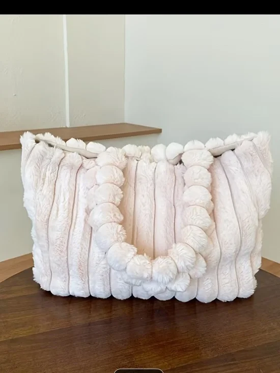 Plush Faux Fur Tote Bag in white- Soft Handle Carryall
