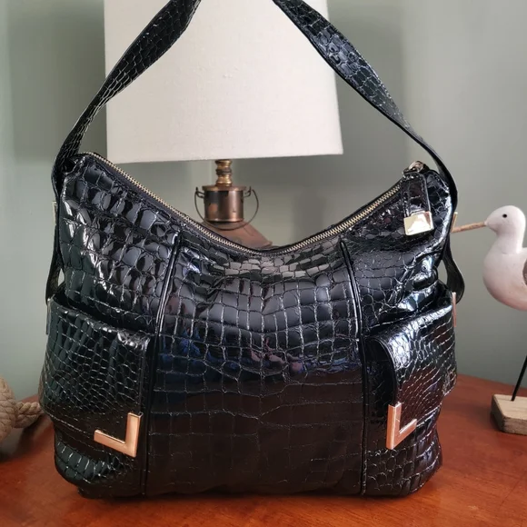 MICHAEL Michael Kors Croc Embossed Black Patent Leather Hobo Bag Y2K