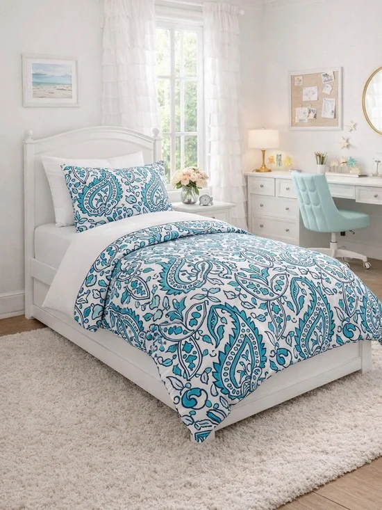 Pottery Barn Teen Twin Duvet Cover & Sham Navy Aqua Paisley Cotton Dorm Preppy