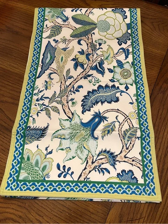 Williams Sonoma Floral Table Runner in Blue, Green & Cream
