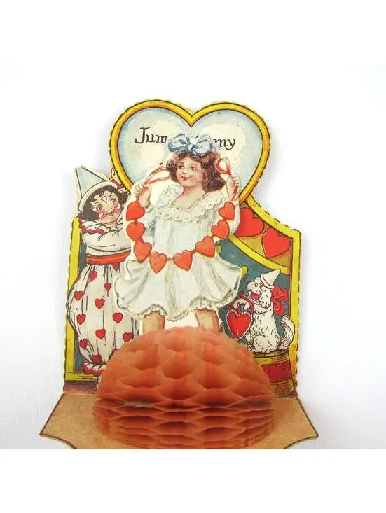 Antique Valentine Honeycomb 3D Pop Up Diecut Girl Boy Clown White Dog Fish Heart