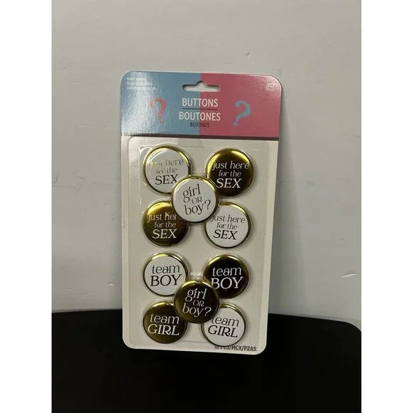 Gender Reveal Party‎ Favor Buttons Gold White 10ct Baby Shower NEW