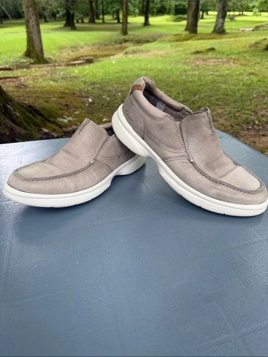Clarks Men’s Taupe Slip-On Loafers with White Sole