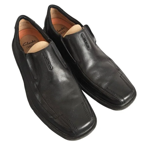 Clarks Men's Unstructured Sheridan Slip-On Loafers Black Leather Shoes Size 10W‎