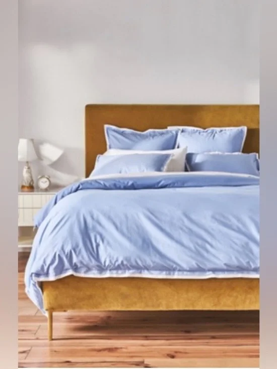 Anthropologie Tipped Contrast Percale Queen Duvet Cover Blue