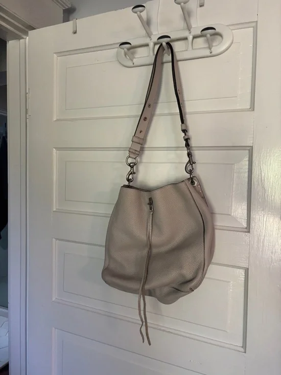 Leather Hobo Shoulder Studded Bag in Light Grey