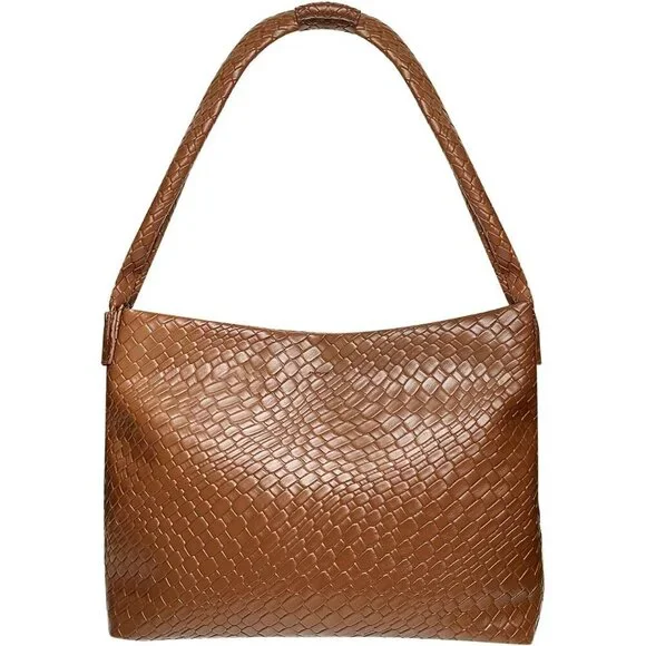 Women's Brown Soft Vegan Leather Woven Shoulder Top-handled Hobo Slouchy Bag
