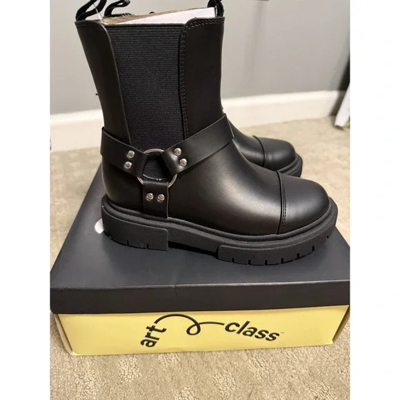 Art Class Girls Black‎ Crosby Moto Faux Leather Boots Size 13