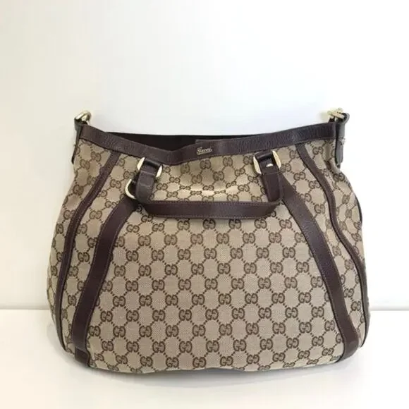 GUCCI Abbey GG Web Canvas Leather Brown Convertible Hobo Bag Tote Logo Handbag